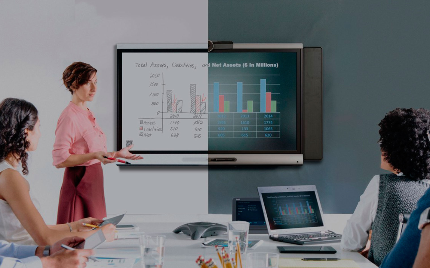 Team leader delivering a presentation on an interactive smartboard